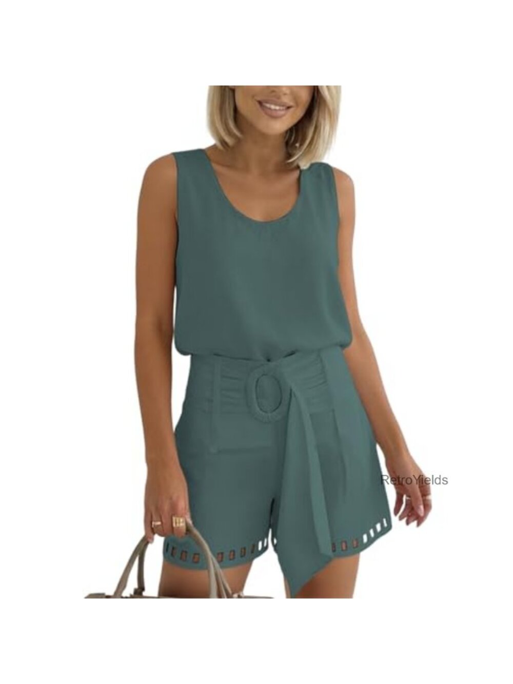Women's 2 Piece Lounge Set Cotton Tank Shorts with Belt Vacation Outfit